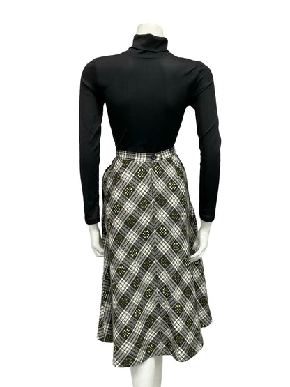 VTG 60S 70S GREY WHITE YELLOW PLAID DOTTY WOOL SECRETARY MIDI SKIRT 8