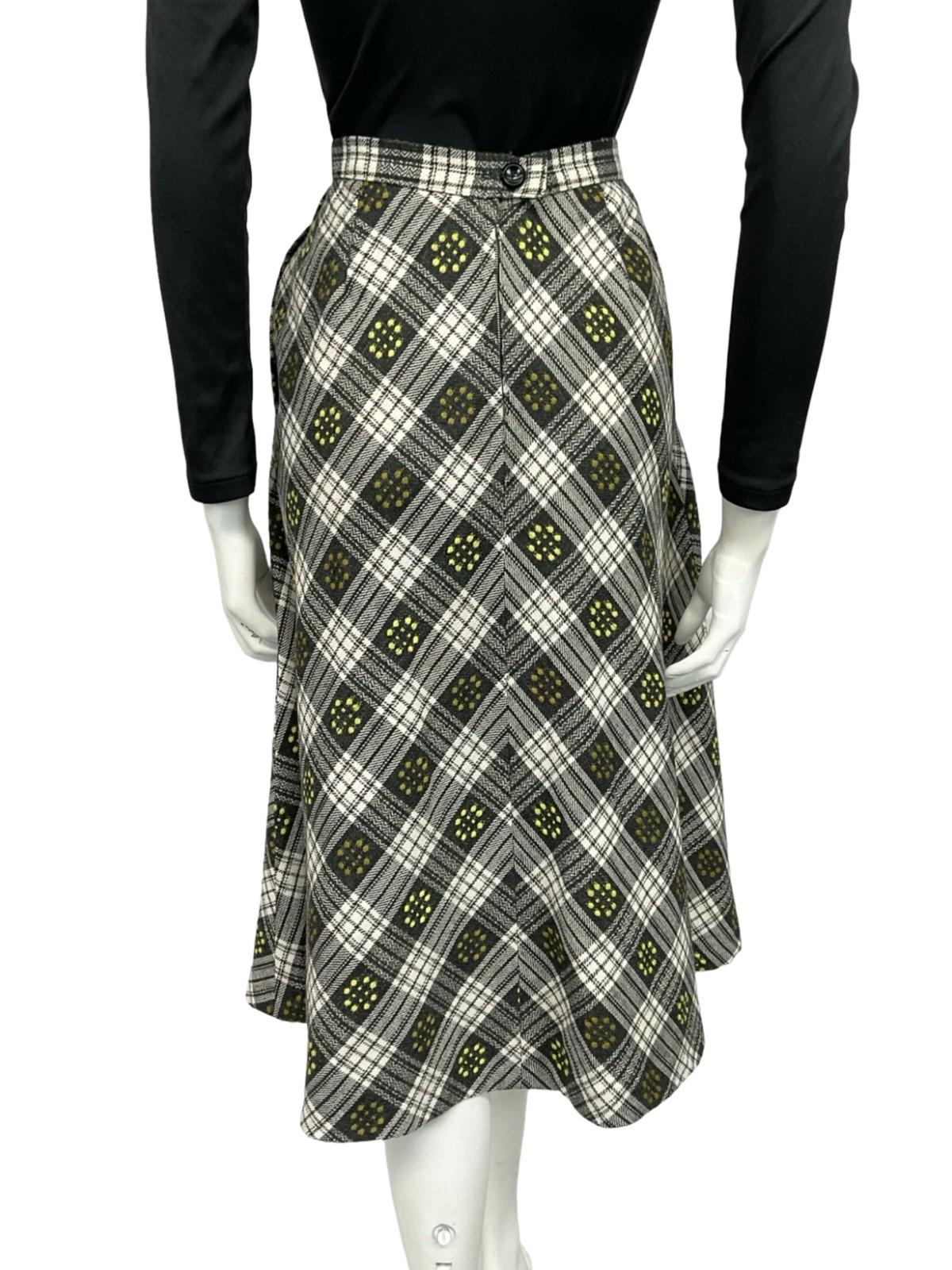 VTG 60S 70S GREY WHITE YELLOW PLAID DOTTY WOOL SECRETARY MIDI SKIRT 8