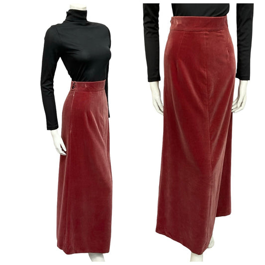 Mannequin wears a 70s red velour velvet maxi skirt with a black turtleneck