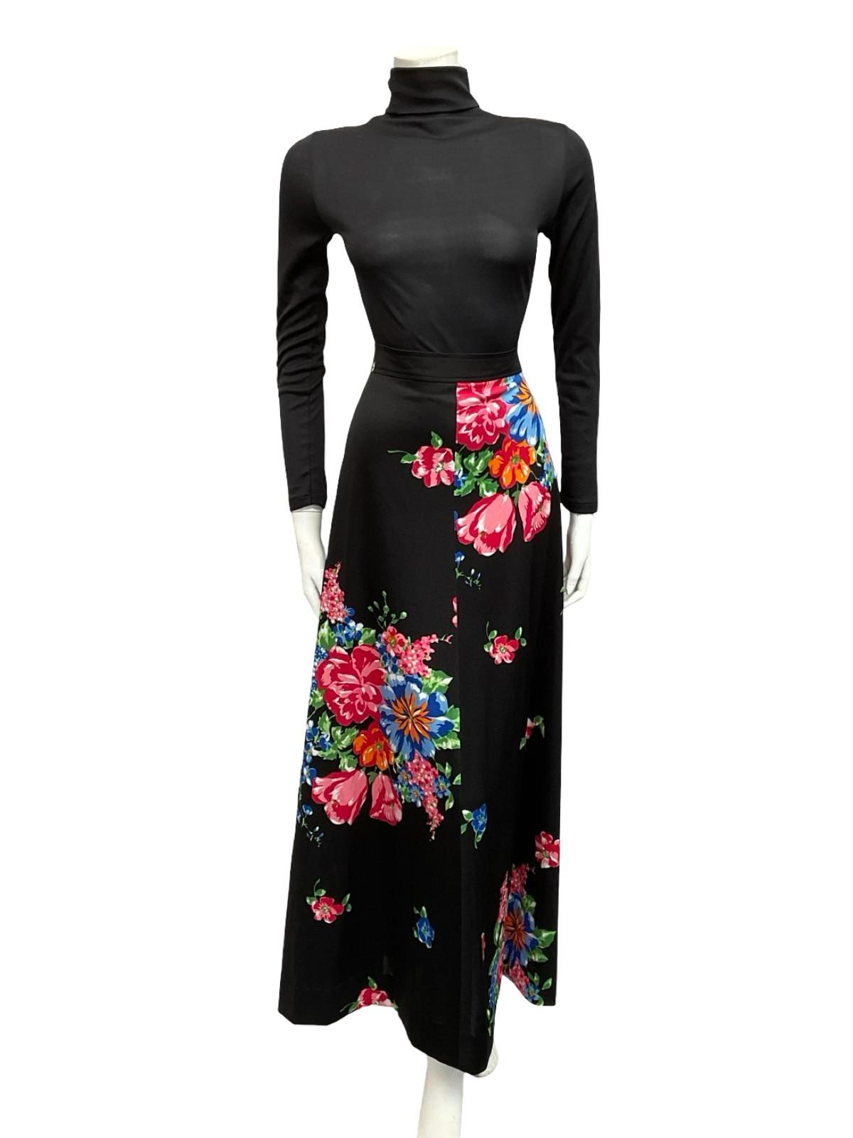 VTG 70S BOHO BLACK RED BLUE ORANGE GREEN FLORAL A LINE MAXI SKIRT 16