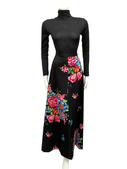 VTG 70S BOHO BLACK RED BLUE ORANGE GREEN FLORAL A LINE MAXI SKIRT 16