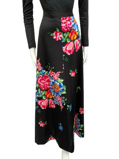 VTG 70S BOHO BLACK RED BLUE ORANGE GREEN FLORAL A LINE MAXI SKIRT 16
