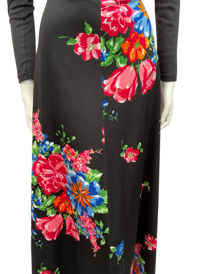 VTG 70S BOHO BLACK RED BLUE ORANGE GREEN FLORAL A LINE MAXI SKIRT 16