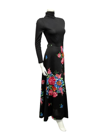 VTG 70S BOHO BLACK RED BLUE ORANGE GREEN FLORAL A LINE MAXI SKIRT 16