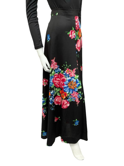 VTG 70S BOHO BLACK RED BLUE ORANGE GREEN FLORAL A LINE MAXI SKIRT 16