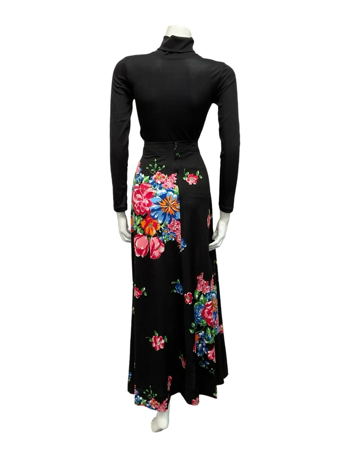 VTG 70S BOHO BLACK RED BLUE ORANGE GREEN FLORAL A LINE MAXI SKIRT 16