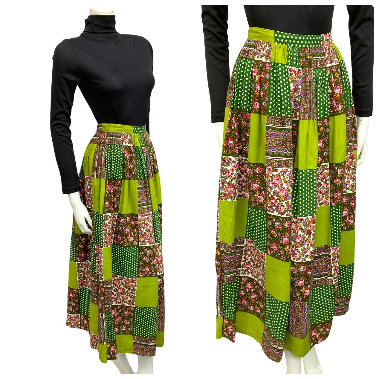 Mannequin wears a 60s 70s green floral patchwork maxi skirt with a black turtleneck