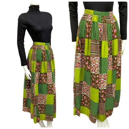 Mannequin wears a 60s 70s green floral patchwork maxi skirt with a black turtleneck