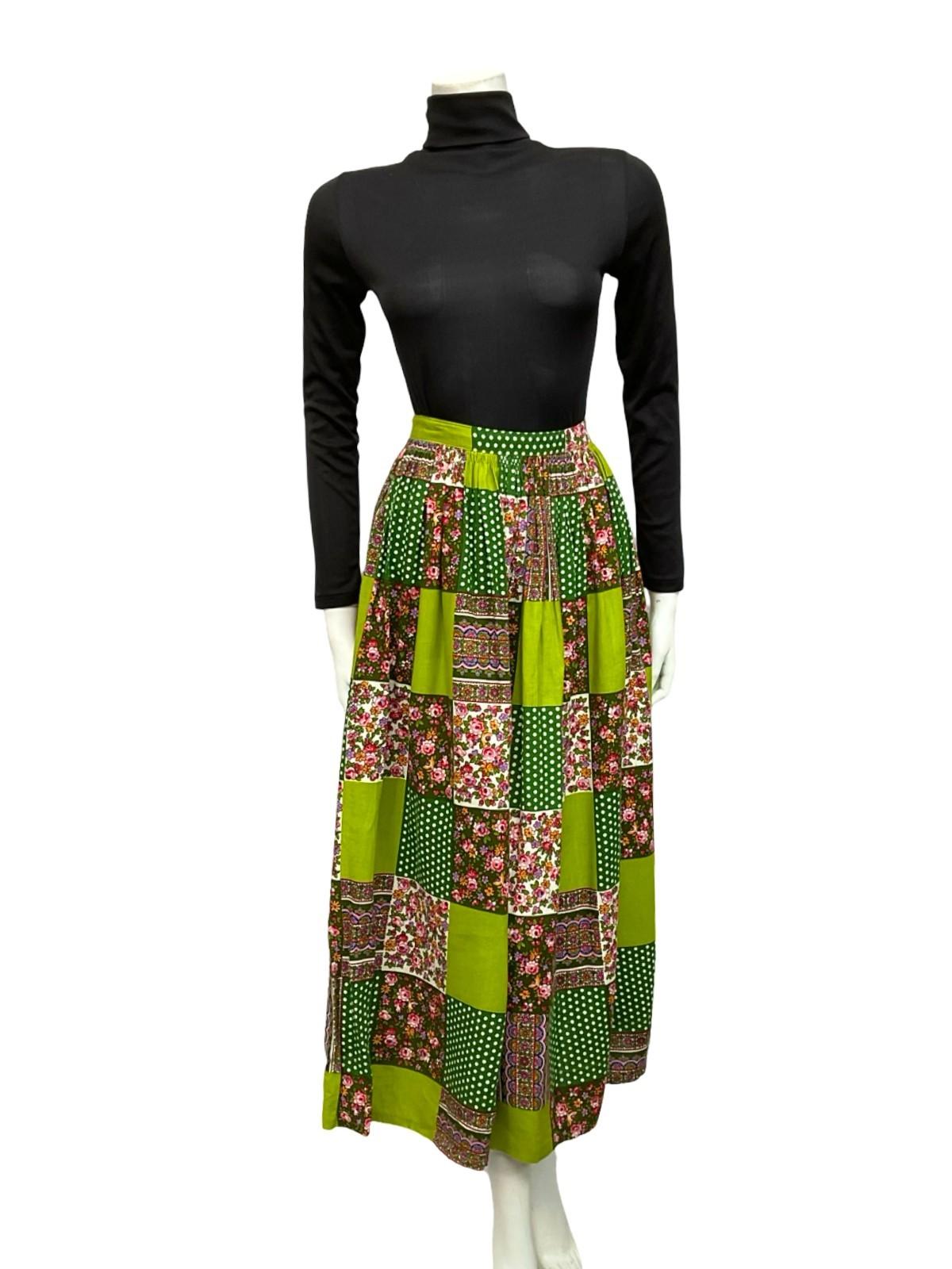 VTG 60S 70S GREEN PINK RIC RAC PATCHWORK FLORAL POLKA DOT HIPPY MAXI SKIRT 4