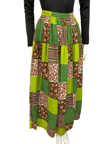 VTG 60S 70S GREEN PINK RIC RAC PATCHWORK FLORAL POLKA DOT HIPPY MAXI SKIRT 4