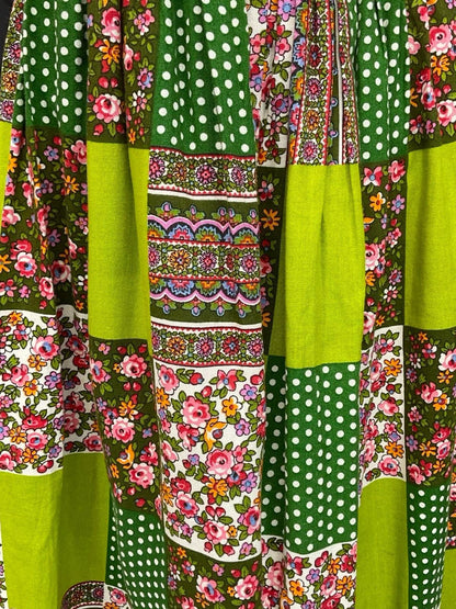 VTG 60S 70S GREEN PINK RIC RAC PATCHWORK FLORAL POLKA DOT HIPPY MAXI SKIRT 4