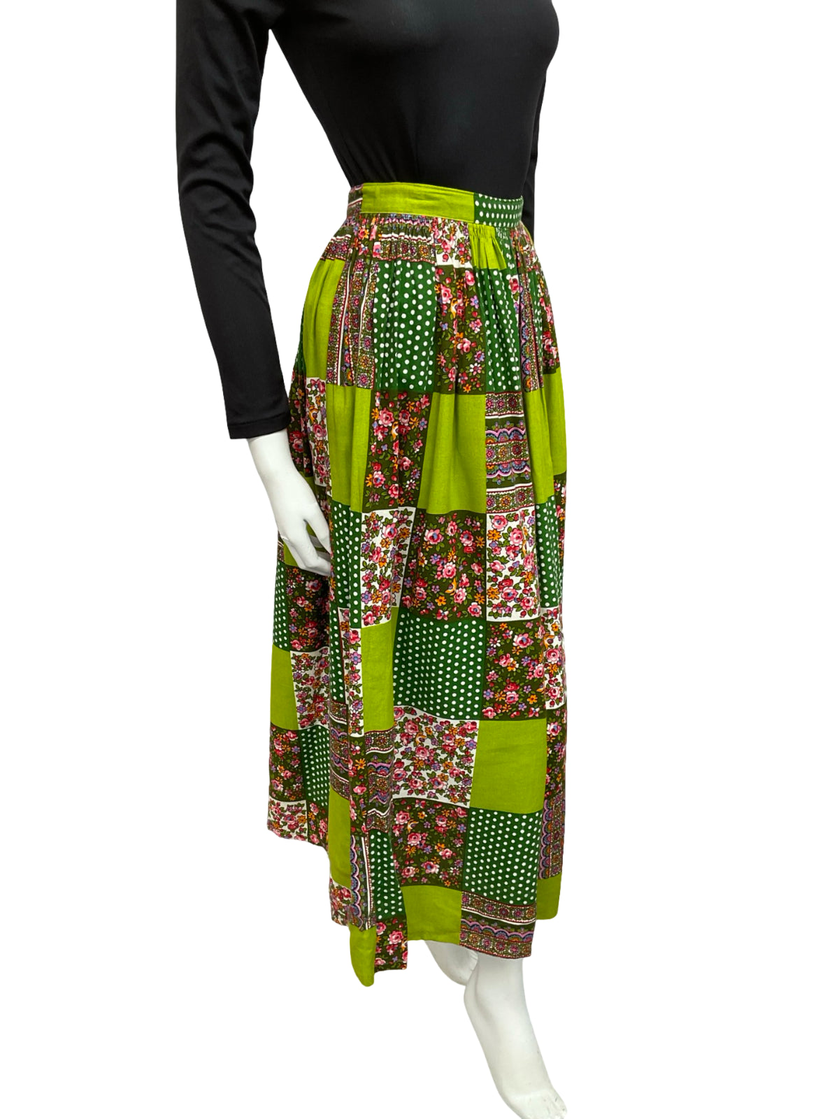 VTG 60S 70S GREEN PINK RIC RAC PATCHWORK FLORAL POLKA DOT HIPPY MAXI SKIRT 4