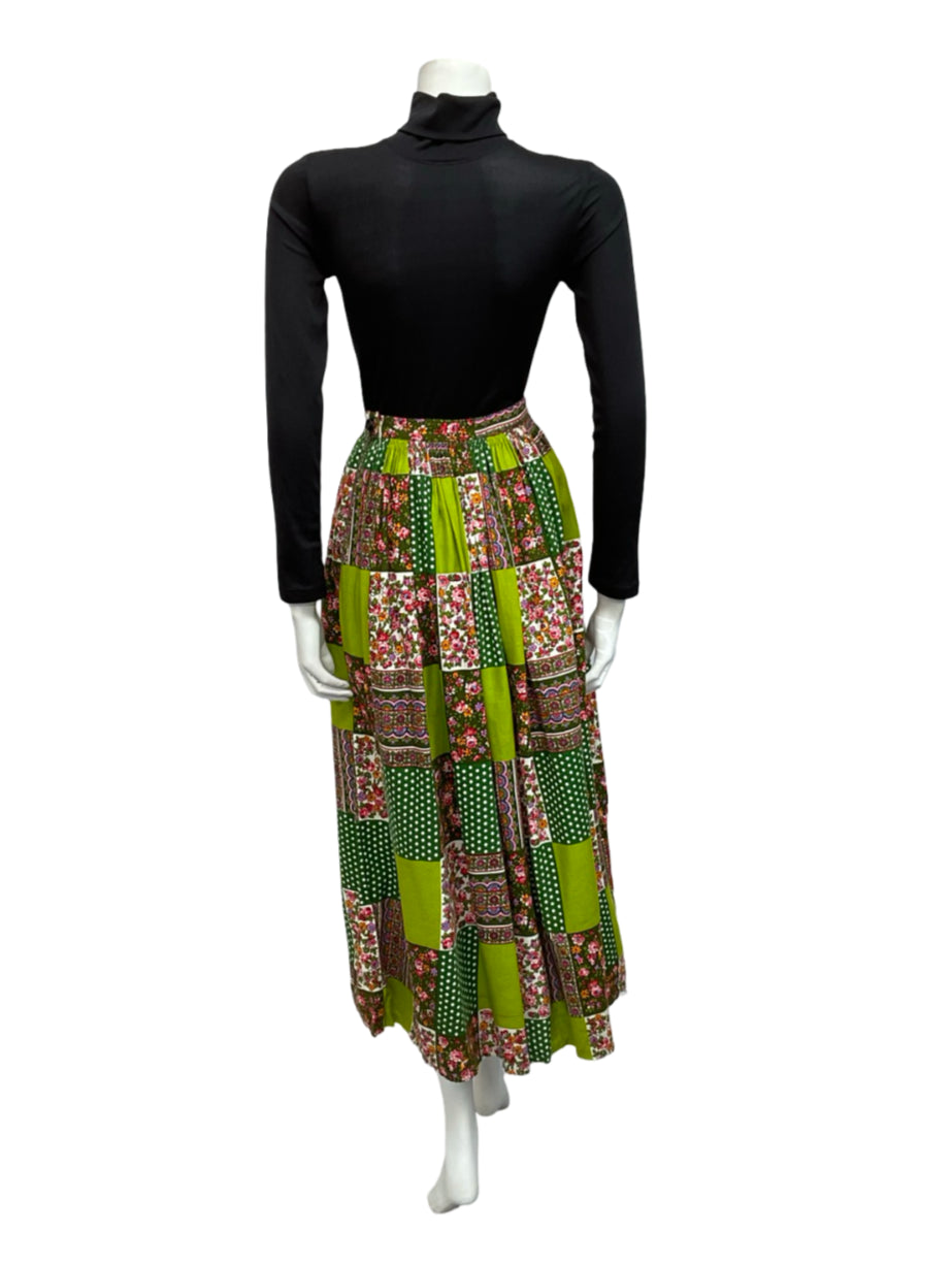VTG 60S 70S GREEN PINK RIC RAC PATCHWORK FLORAL POLKA DOT HIPPY MAXI SKIRT 4