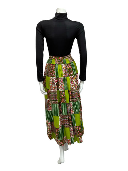 VTG 60S 70S GREEN PINK RIC RAC PATCHWORK FLORAL POLKA DOT HIPPY MAXI SKIRT 4