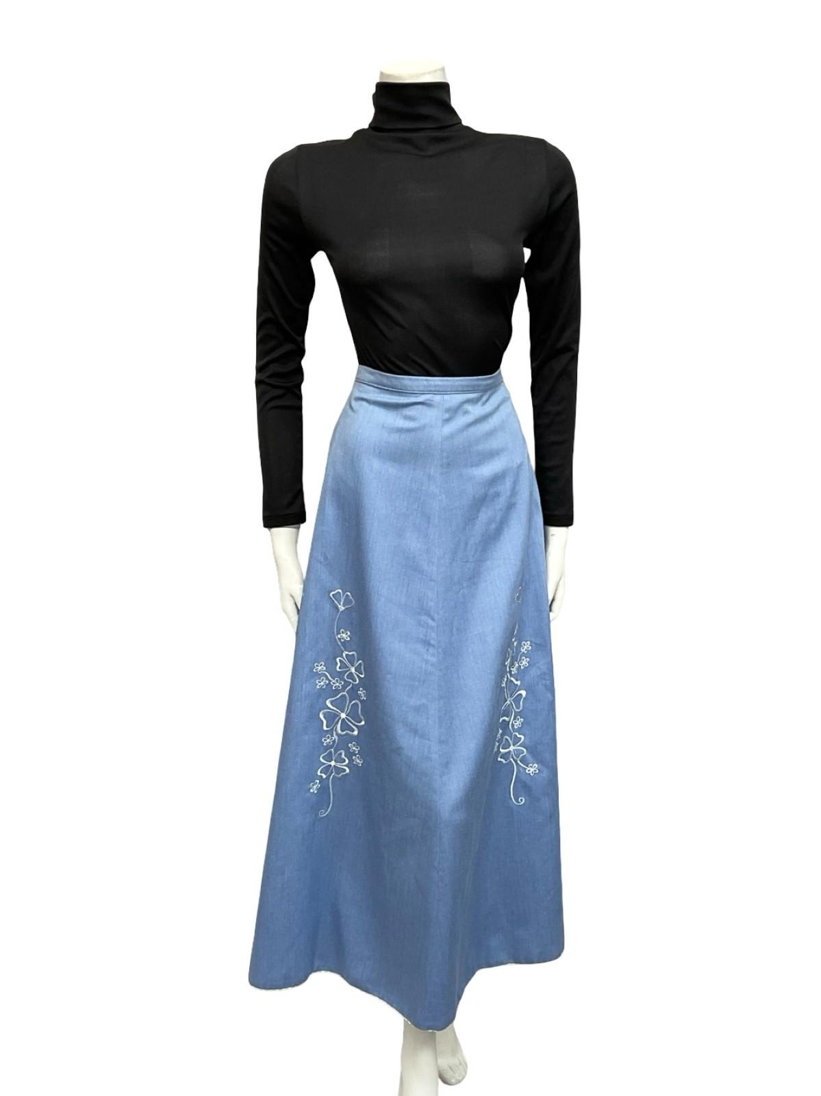 VTG 70 LIGHT BLUE DENIM WHITE FLORAL EMBROIDERED BOHO HIPPY FOLK MAXI SKIRT 8