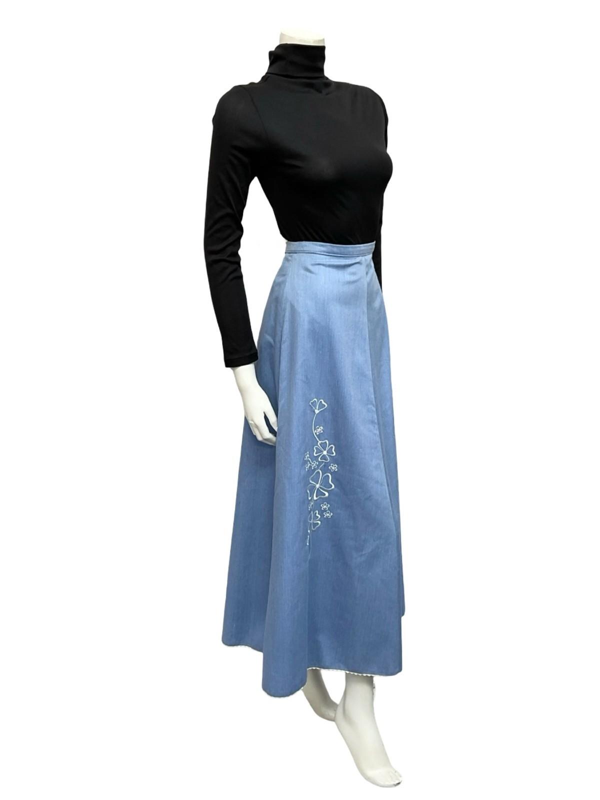 VTG 70 LIGHT BLUE DENIM WHITE FLORAL EMBROIDERED BOHO HIPPY FOLK MAXI SKIRT 8