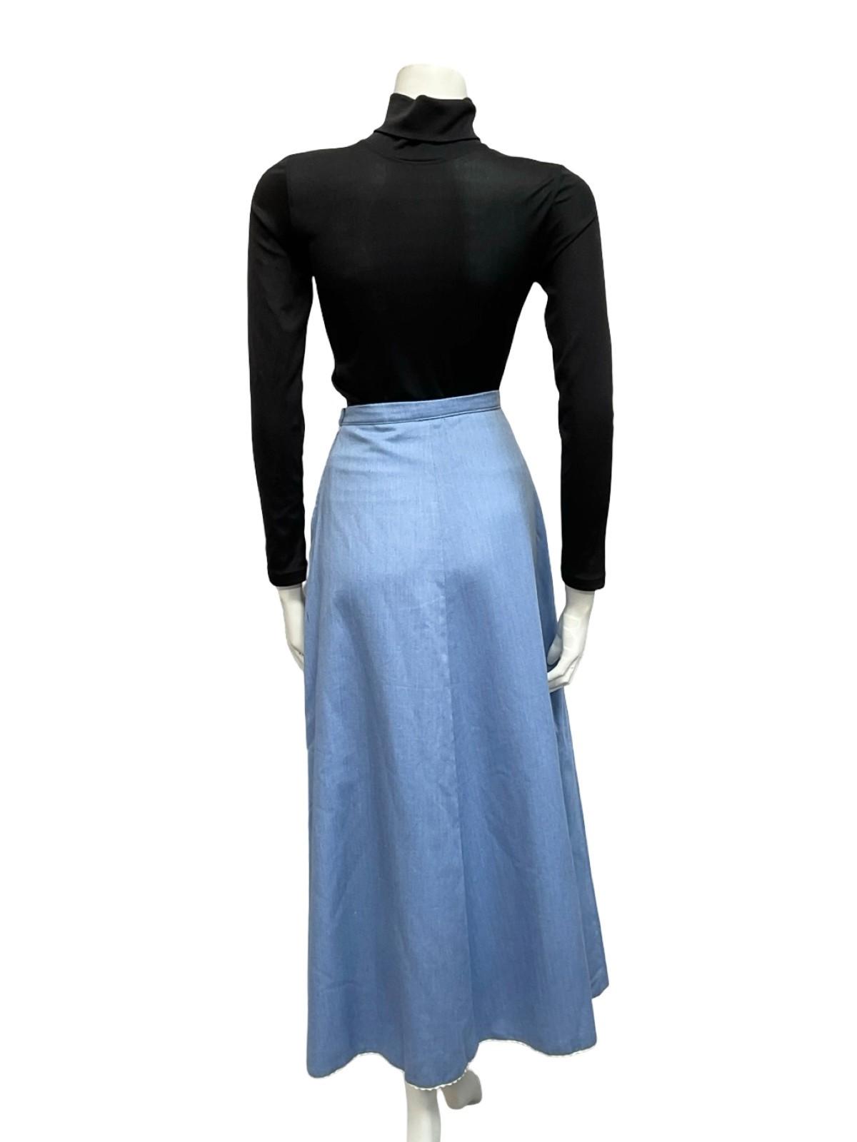 VTG 70 LIGHT BLUE DENIM WHITE FLORAL EMBROIDERED BOHO HIPPY FOLK MAXI SKIRT 8