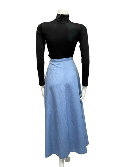 VTG 70 LIGHT BLUE DENIM WHITE FLORAL EMBROIDERED BOHO HIPPY FOLK MAXI SKIRT 8