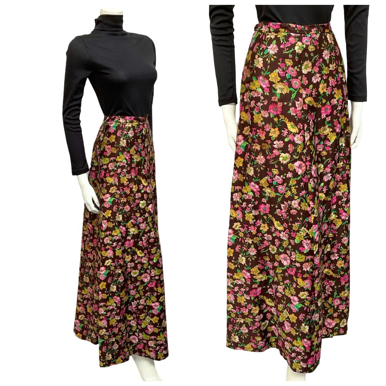 Mannequin wears a 70s brown pink and yellow floral printed maxi skirt with a black turtleneck