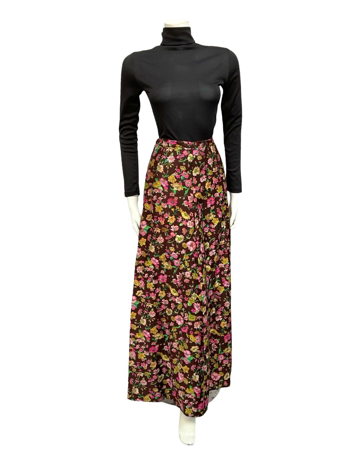 VTG 70S BROWN YELLOW PINK FLORAL BOHO HIPPY MAXI SKIRT 8