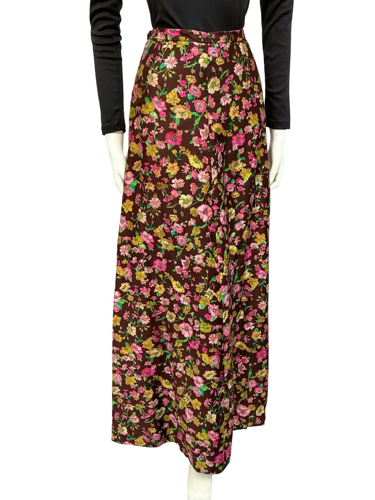 VTG 70S BROWN YELLOW PINK FLORAL BOHO HIPPY MAXI SKIRT 8