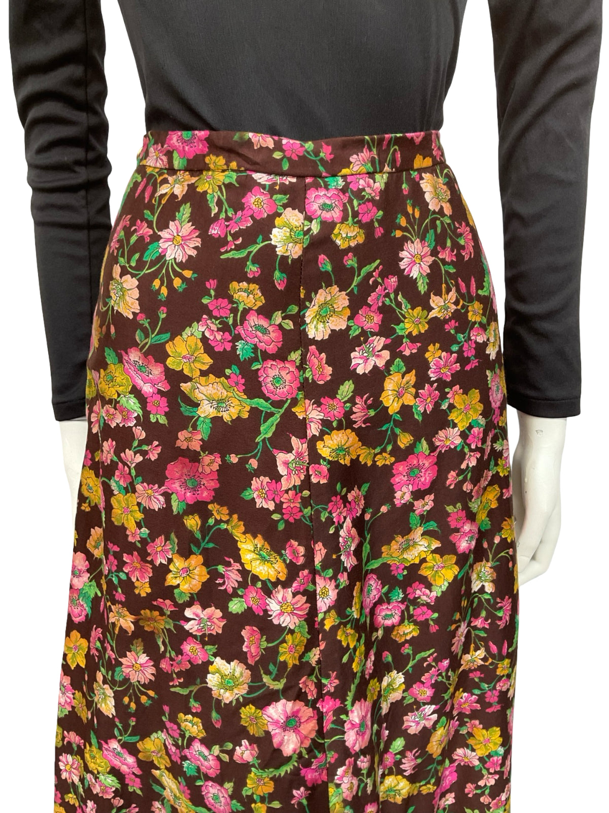 VTG 70S BROWN YELLOW PINK FLORAL BOHO HIPPY MAXI SKIRT 8