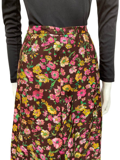 VTG 70S BROWN YELLOW PINK FLORAL BOHO HIPPY MAXI SKIRT 8