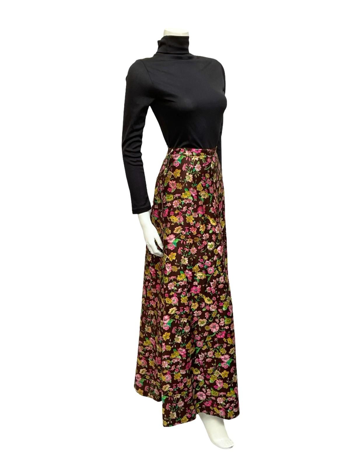 VTG 70S BROWN YELLOW PINK FLORAL BOHO HIPPY MAXI SKIRT 8