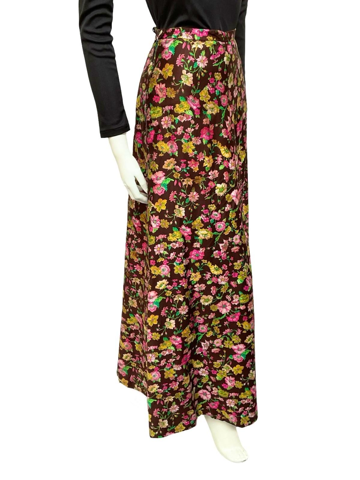 VTG 70S BROWN YELLOW PINK FLORAL BOHO HIPPY MAXI SKIRT 8