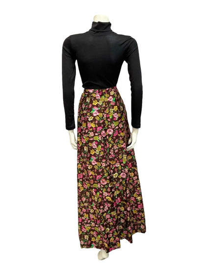 VTG 70S BROWN YELLOW PINK FLORAL BOHO HIPPY MAXI SKIRT 8