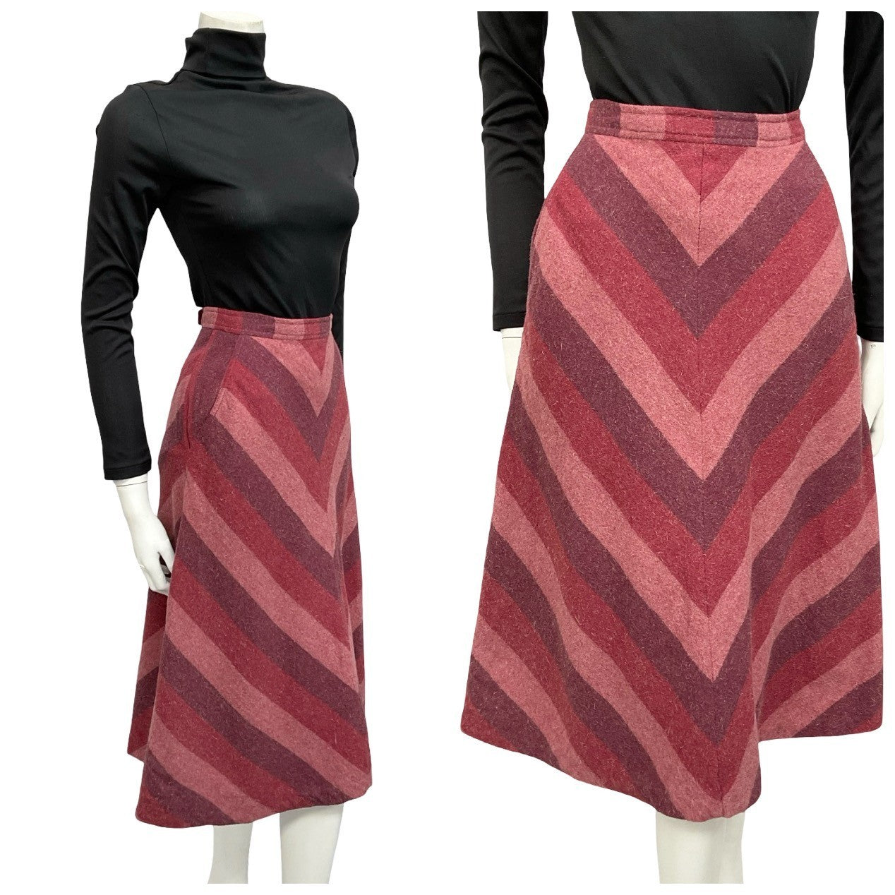 Mannequin wears a 60s 70s plum and red wool chevron print midi skirt and a black turtleneck.