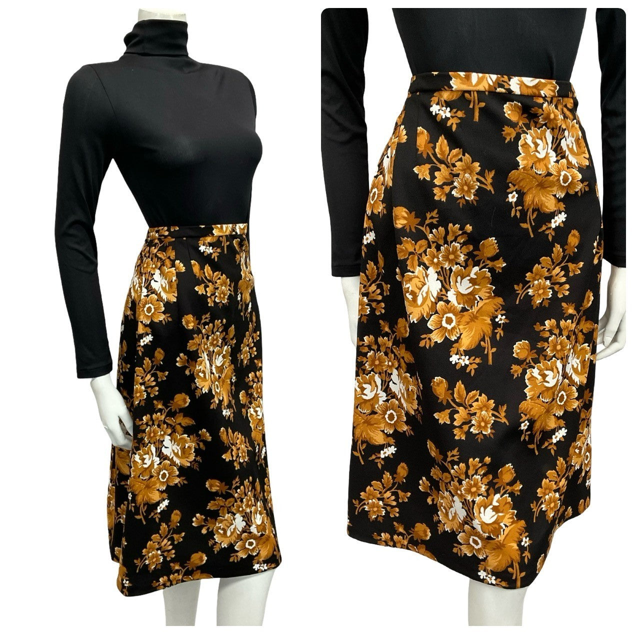 Mannequin wears a 60s 70s beige and black floral printed mini skirt with a black turtleneck. 