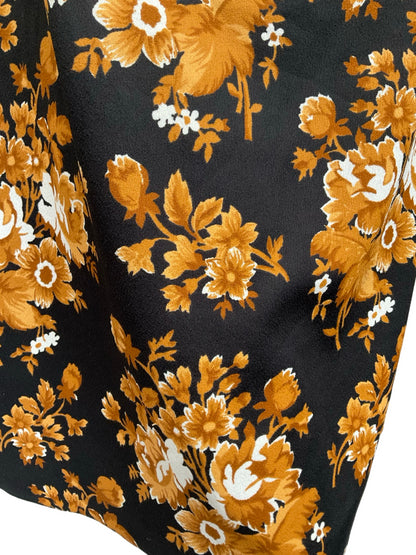 VTG 60S 70S BLACK BEIGE WHITE FLORAL MIDI SKIRT 14 16