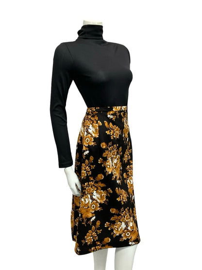 VTG 60S 70S BLACK BEIGE WHITE FLORAL MIDI SKIRT 14 16