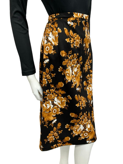 VTG 60S 70S BLACK BEIGE WHITE FLORAL MIDI SKIRT 14 16