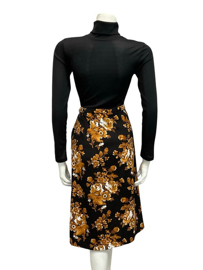 VTG 60S 70S BLACK BEIGE WHITE FLORAL MIDI SKIRT 14 16