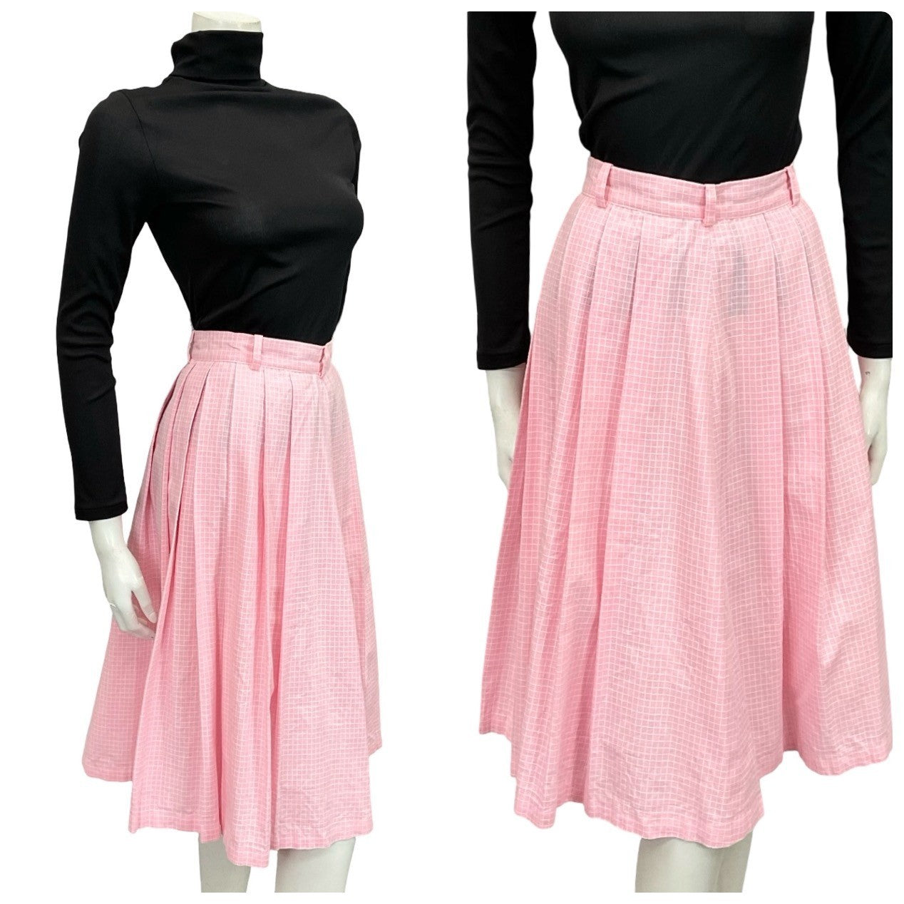 Mannequin wears a 60s 70s light pink and white geometric grid print pleated midi skirt with a black turtleneck