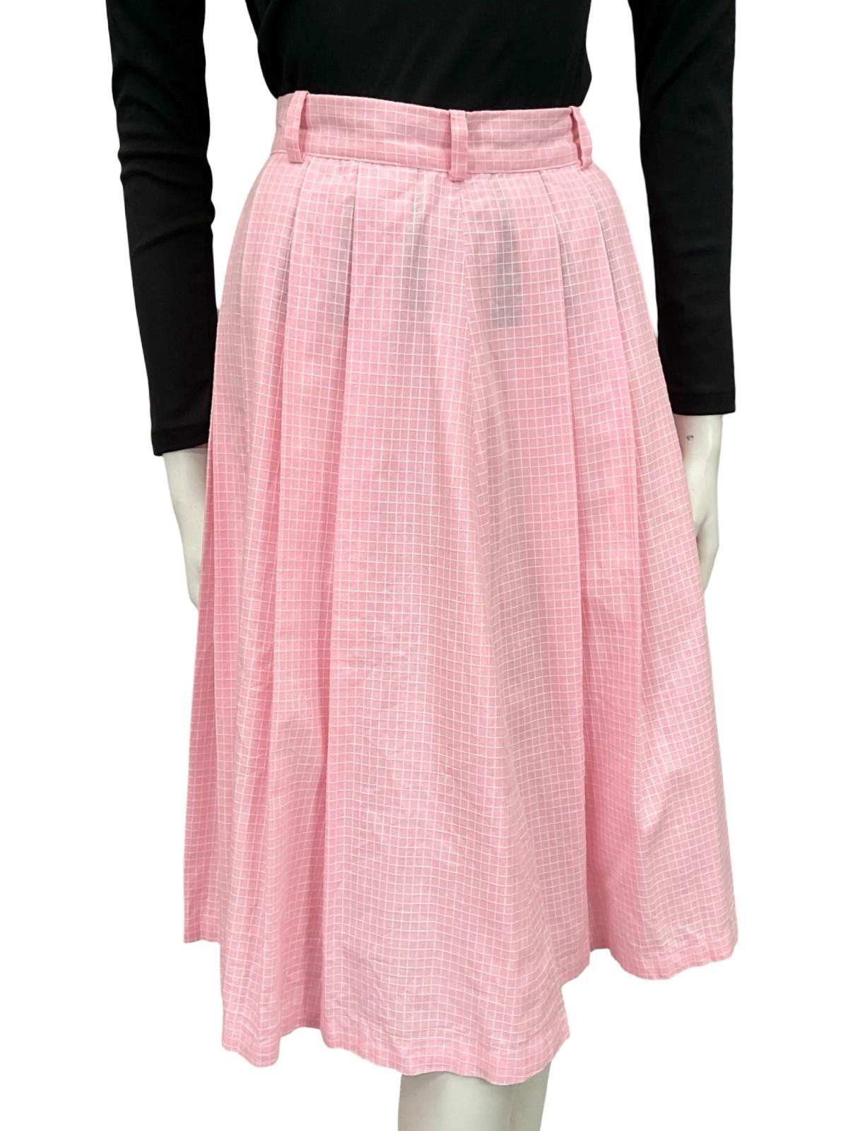 VTG 60S 70S PINK WHITE GRID GEOMETRIC PLEATED SECRETARY GEEK MIDI SKIRT 8 10 S