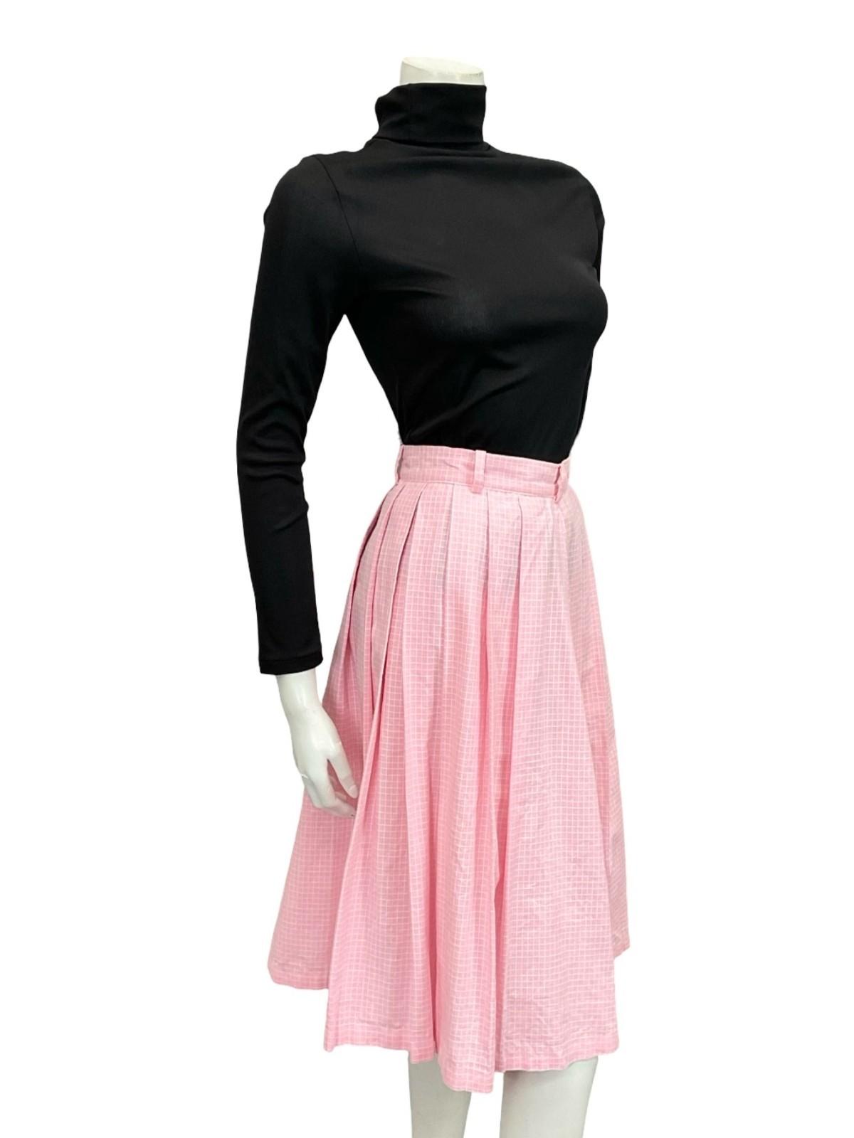 VTG 60S 70S PINK WHITE GRID GEOMETRIC PLEATED SECRETARY GEEK MIDI SKIRT 8 10 S