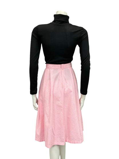 VTG 60S 70S PINK WHITE GRID GEOMETRIC PLEATED SECRETARY GEEK MIDI SKIRT 8 10 S