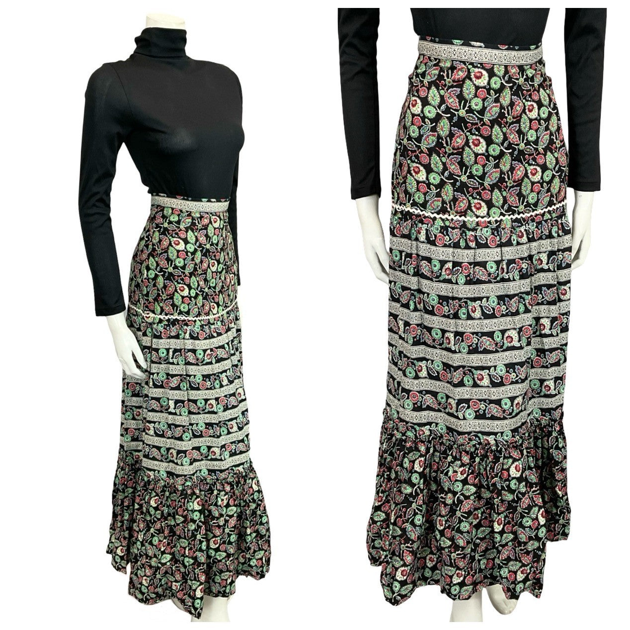 Mannequin wears a 70s black and green folk floral printed tiered skirt with a black turtleneck
