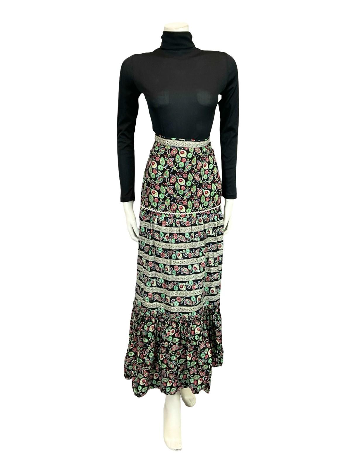 VTG 70S BLACK WHITE RED GREEN BOHO RUFFLE FOLK LEAFY TIERED MAXI RIC RAC SKIRT 2