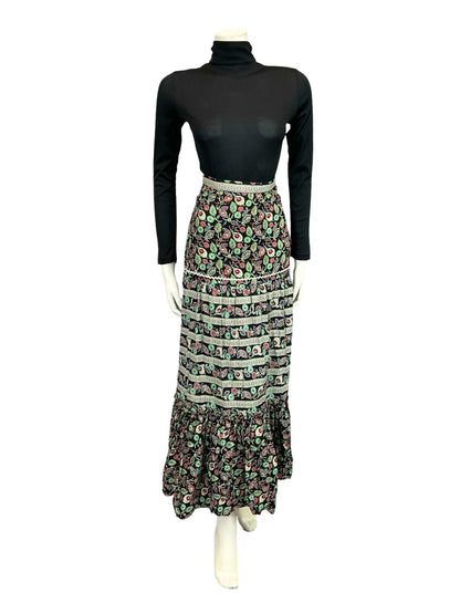 VTG 70S BLACK WHITE RED GREEN BOHO RUFFLE FOLK LEAFY TIERED MAXI RIC RAC SKIRT 2