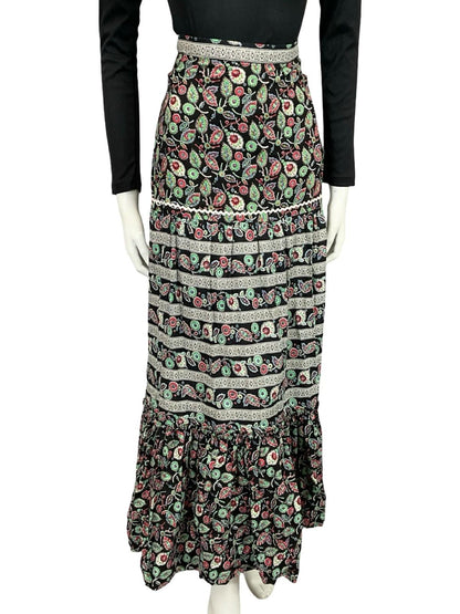 VTG 70S BLACK WHITE RED GREEN BOHO RUFFLE FOLK LEAFY TIERED MAXI RIC RAC SKIRT 2