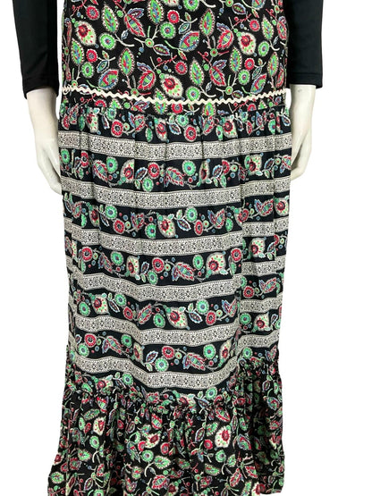 VTG 70S BLACK WHITE RED GREEN BOHO RUFFLE FOLK LEAFY TIERED MAXI RIC RAC SKIRT 2