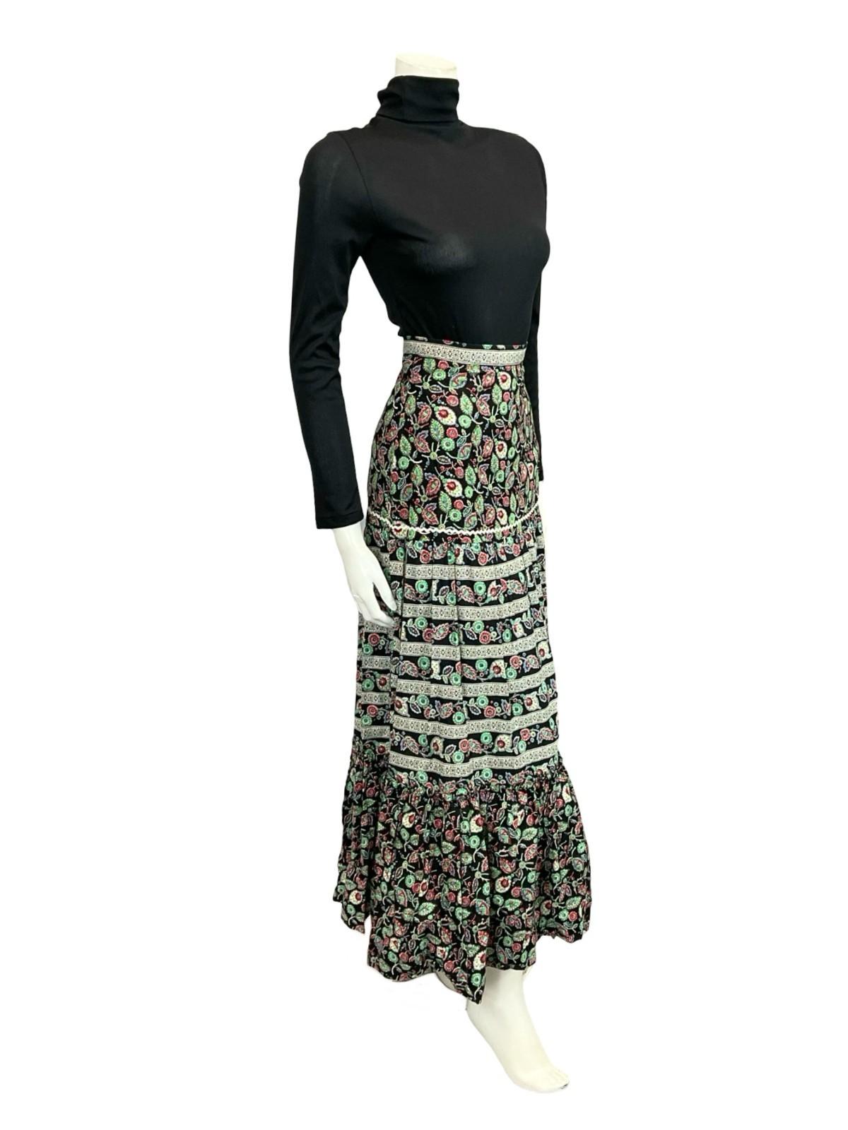 VTG 70S BLACK WHITE RED GREEN BOHO RUFFLE FOLK LEAFY TIERED MAXI RIC RAC SKIRT 2