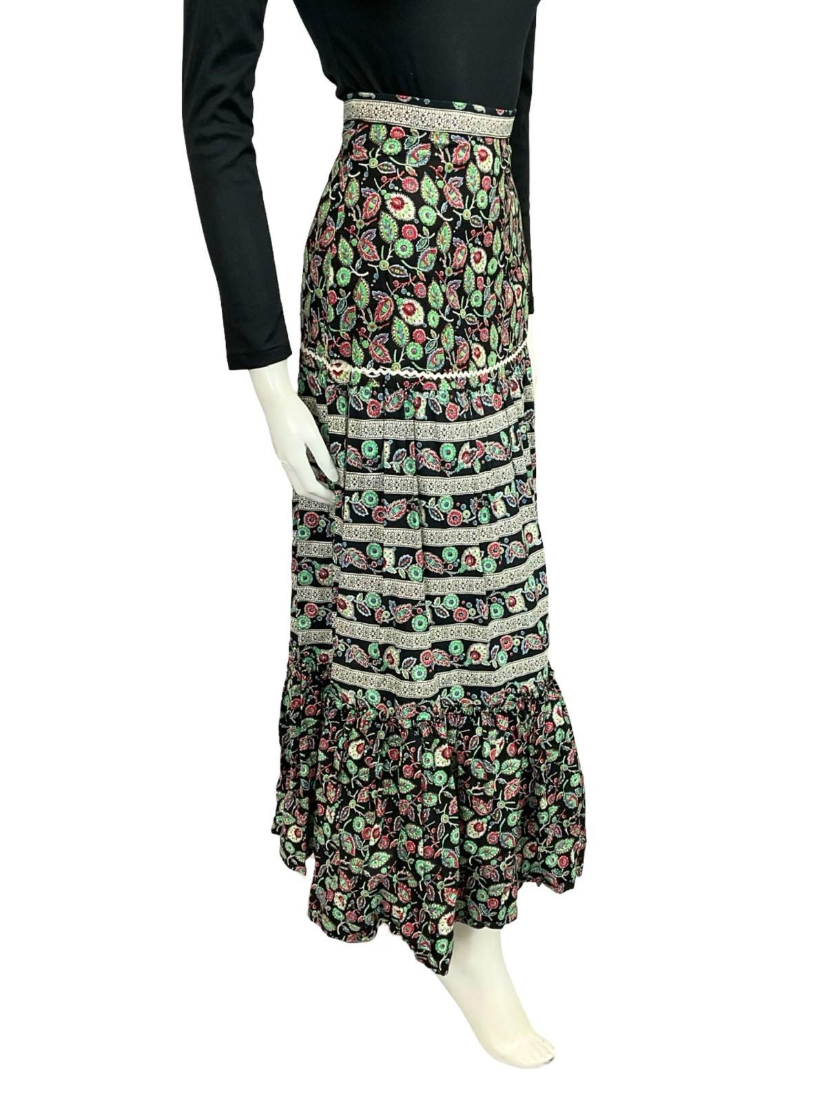 VTG 70S BLACK WHITE RED GREEN BOHO RUFFLE FOLK LEAFY TIERED MAXI RIC RAC SKIRT 2