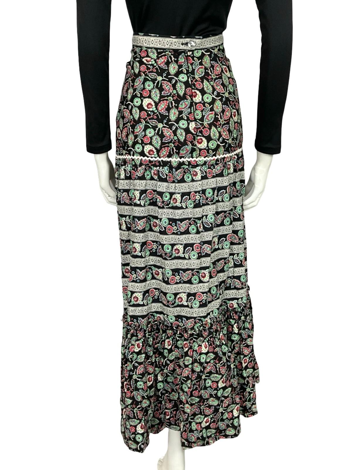VTG 70S BLACK WHITE RED GREEN BOHO RUFFLE FOLK LEAFY TIERED MAXI RIC RAC SKIRT 2