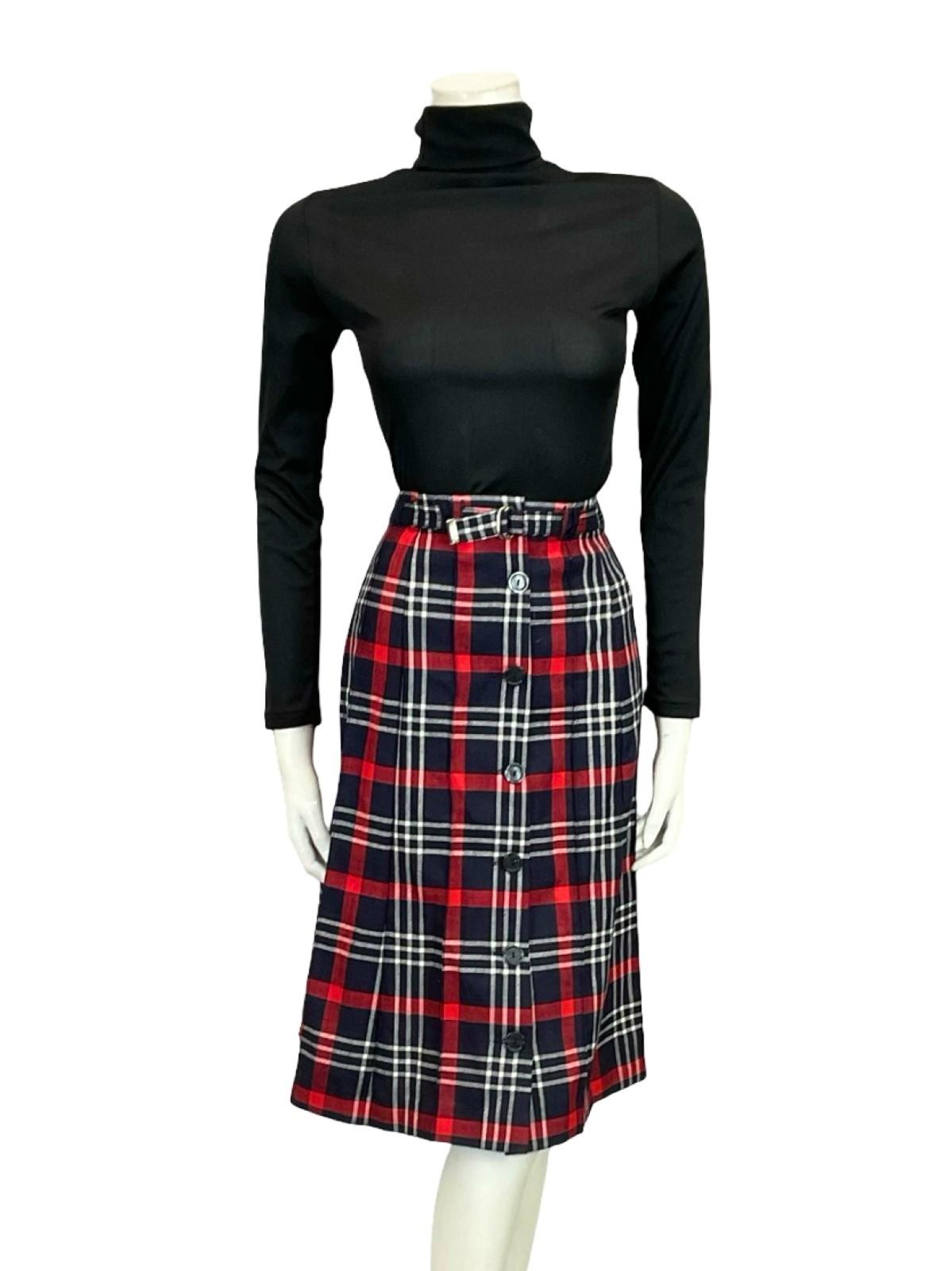 VTG 70S NAVY BLUE RED WHITE TARTAN PLAID PREPPY SECRETARY BELT MIDI SKIRT 16