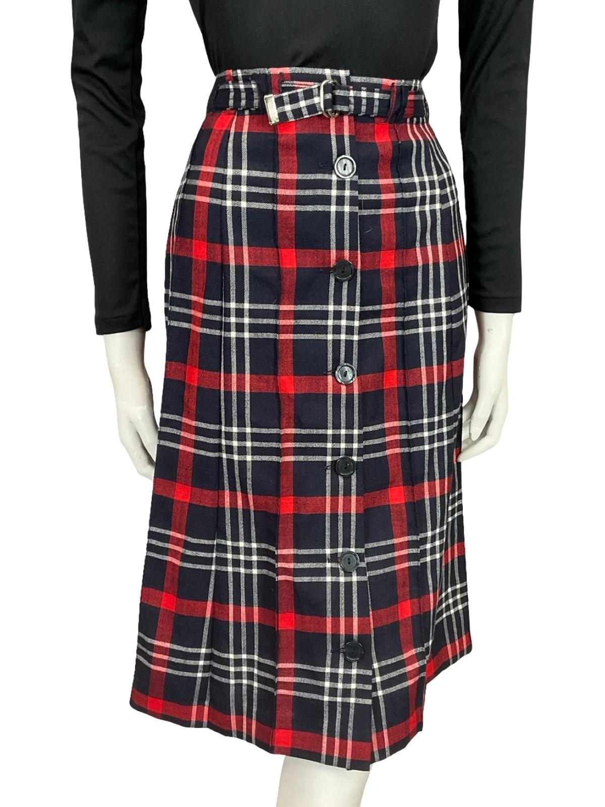 VTG 70S NAVY BLUE RED WHITE TARTAN PLAID PREPPY SECRETARY BELT MIDI SKIRT 16